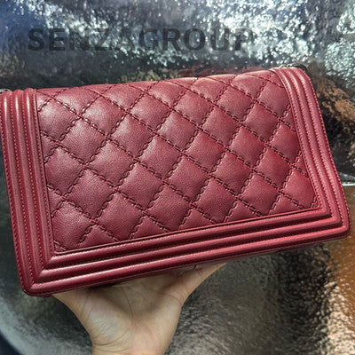 Chanel Le Boy Large Red Silver Hardware Chain Shoulder Bag Quilted