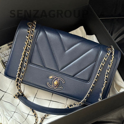 Chanel Classic Flap Blue Gold Chevron Chain Shoulder Bag