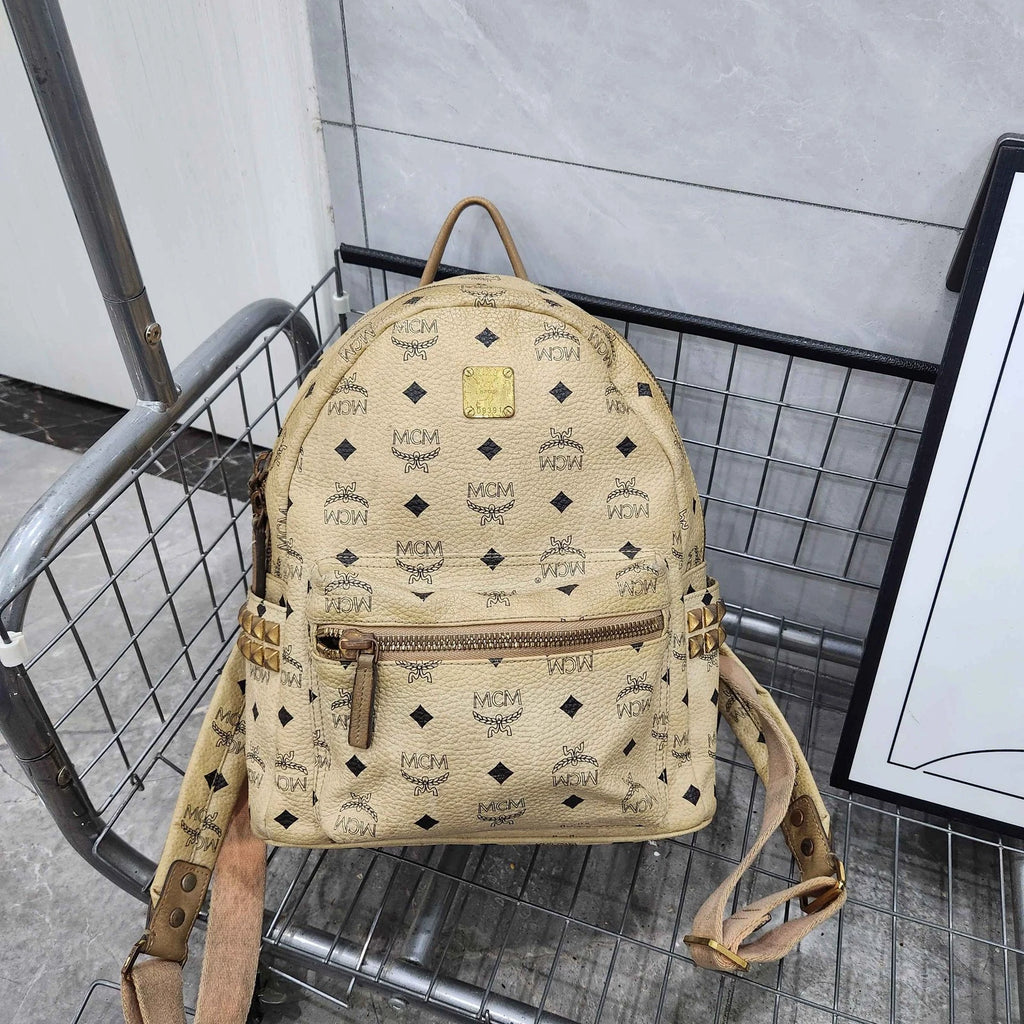 MCM Beige Monogram Studded Backpack For Women