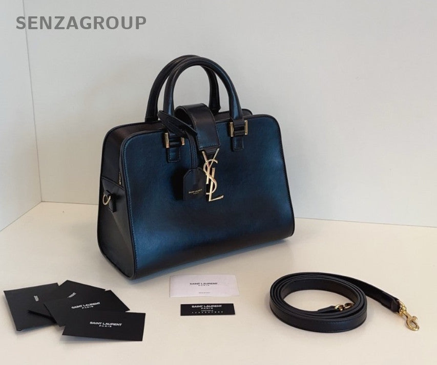 YSL Saint Laurent Cabas PM Boston Top Handle 2way Shoulder Handbag Black Gold
