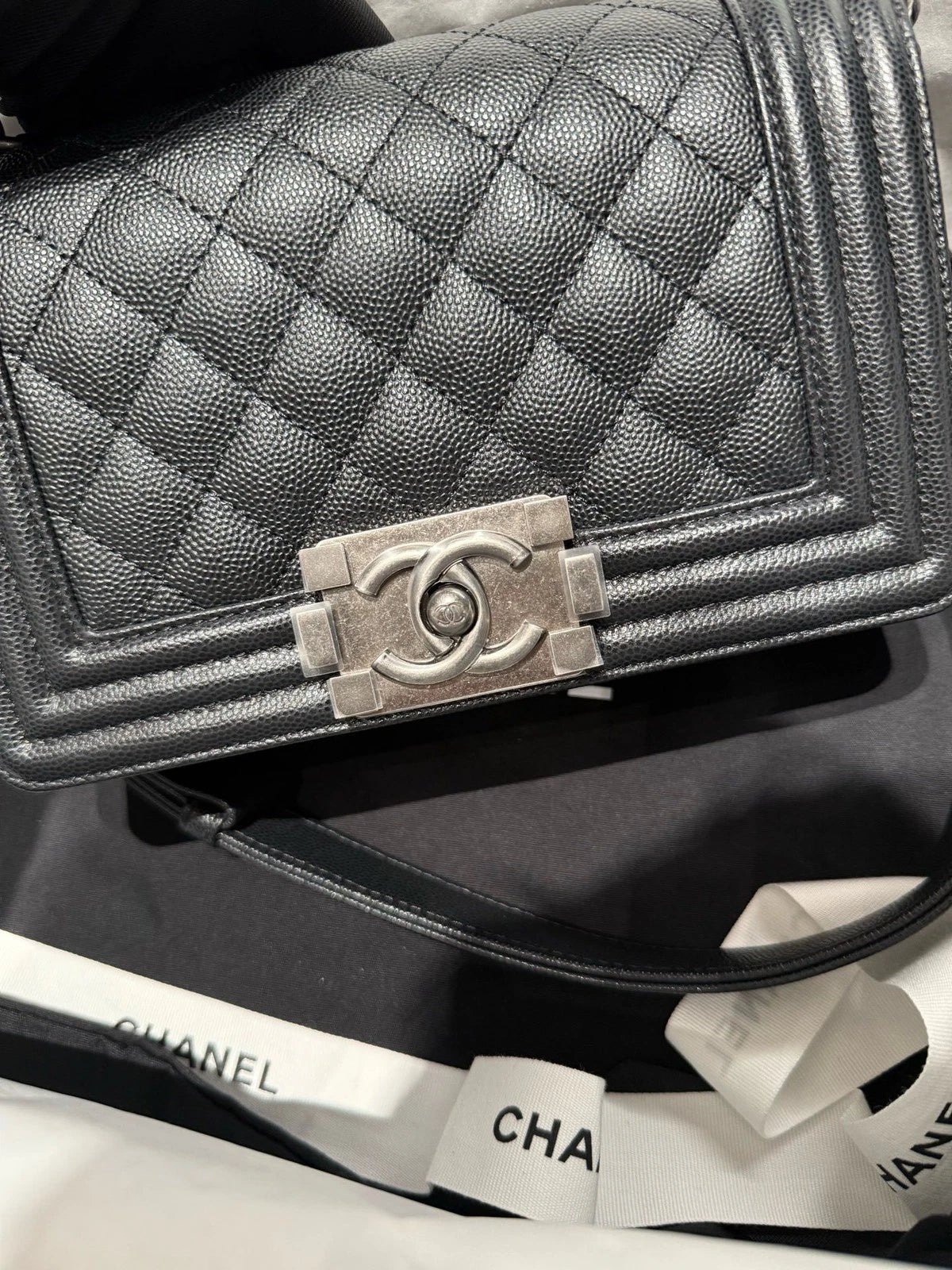 Chanel LeBoy Black Silver Leather Small Shoulder Bag For Women
