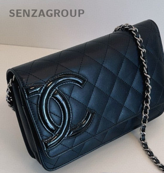 Chanel Cambon WOC Chain Shoulder Bag Crossbody Black Silver Diamond Women