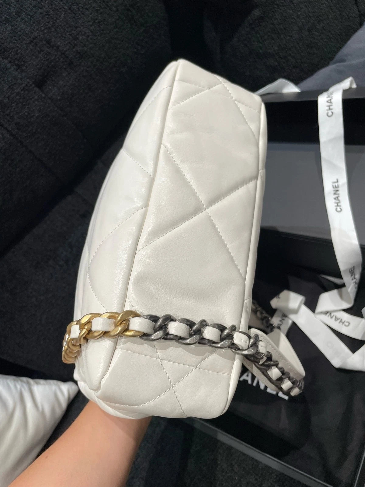 CHANEL 19 Small Calfskin White Gold Hardware Shoulder Bag For Women