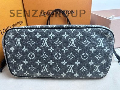 Louis Vuitton Neverfull Monogram Denim Grey Tote Bag Women Classic