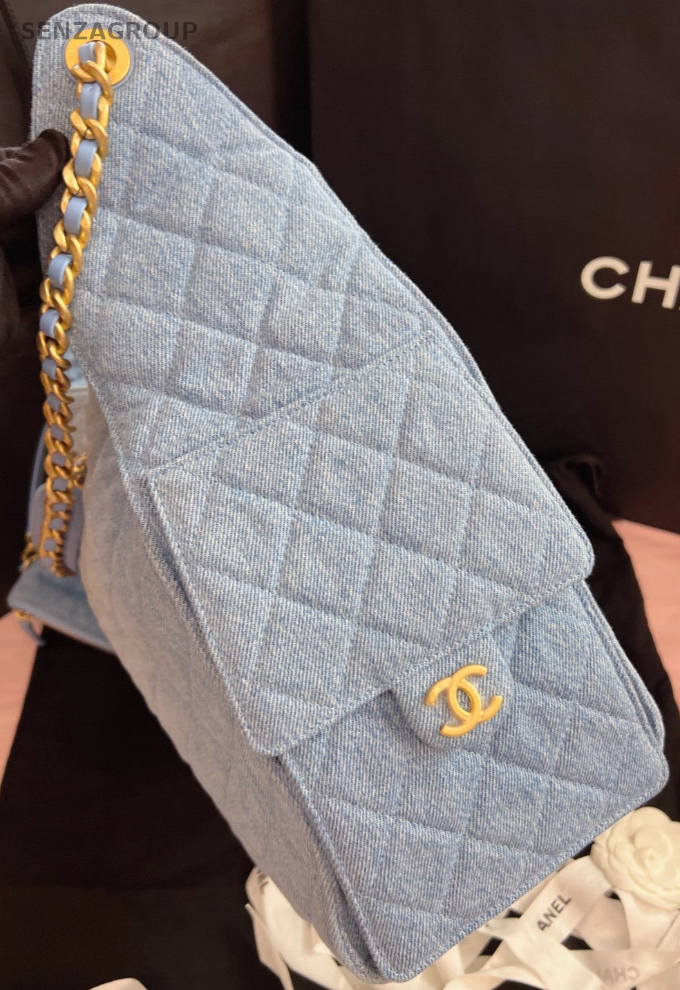 Chanel 25 MM Hobo Chain Shoulder bag Blue Gold Used Women Classic Diamond