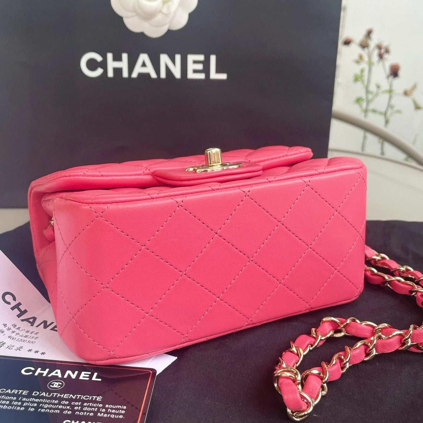 Chanel Classic Flap Lambskin Chain Shoulder Crossbody Pink Gold Diamond Women
