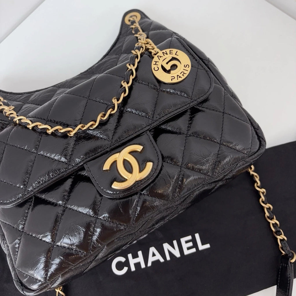 Chip Version Chanel Hobo MM Diamond Gold Chain Black Shoulder Bag Crossbody