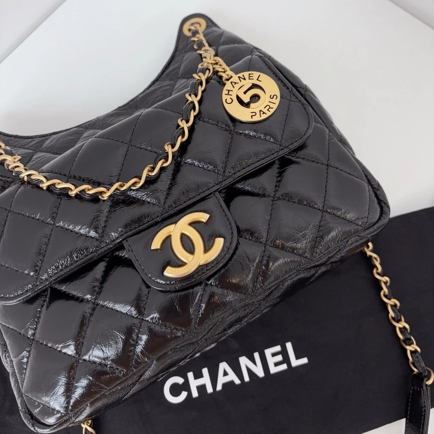 Chip Version Chanel Hobo MM Diamond Gold Chain Black Shoulder Bag Crossbody