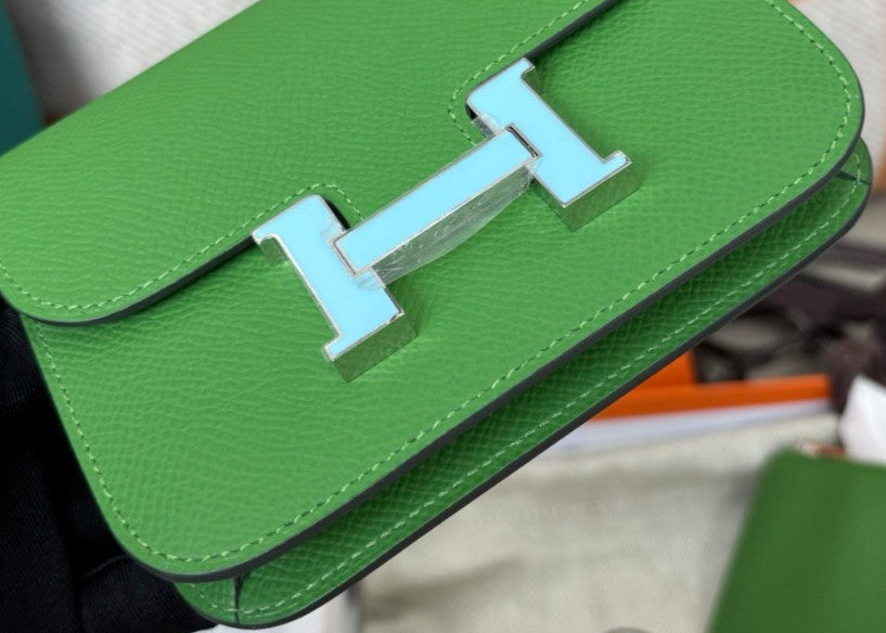 Hermes Constance Slim Epsom Leather Clutch Green Silver Women