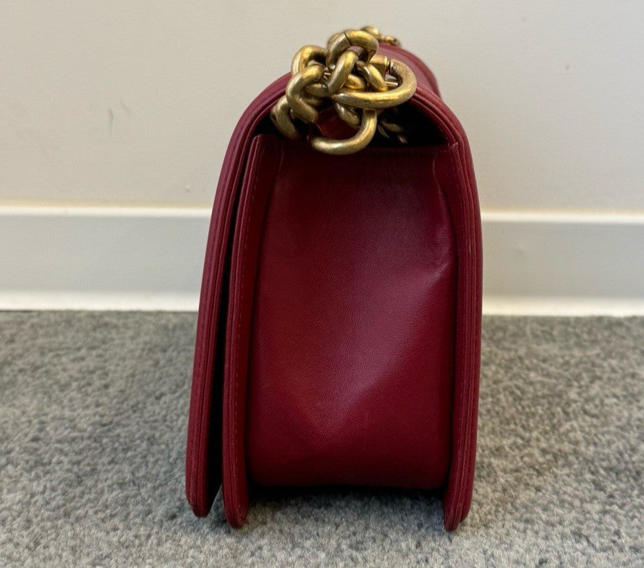 Chanel Leboy MM Lambskin Chain Shoulder Bag Crossbody Red Gold Women Classic