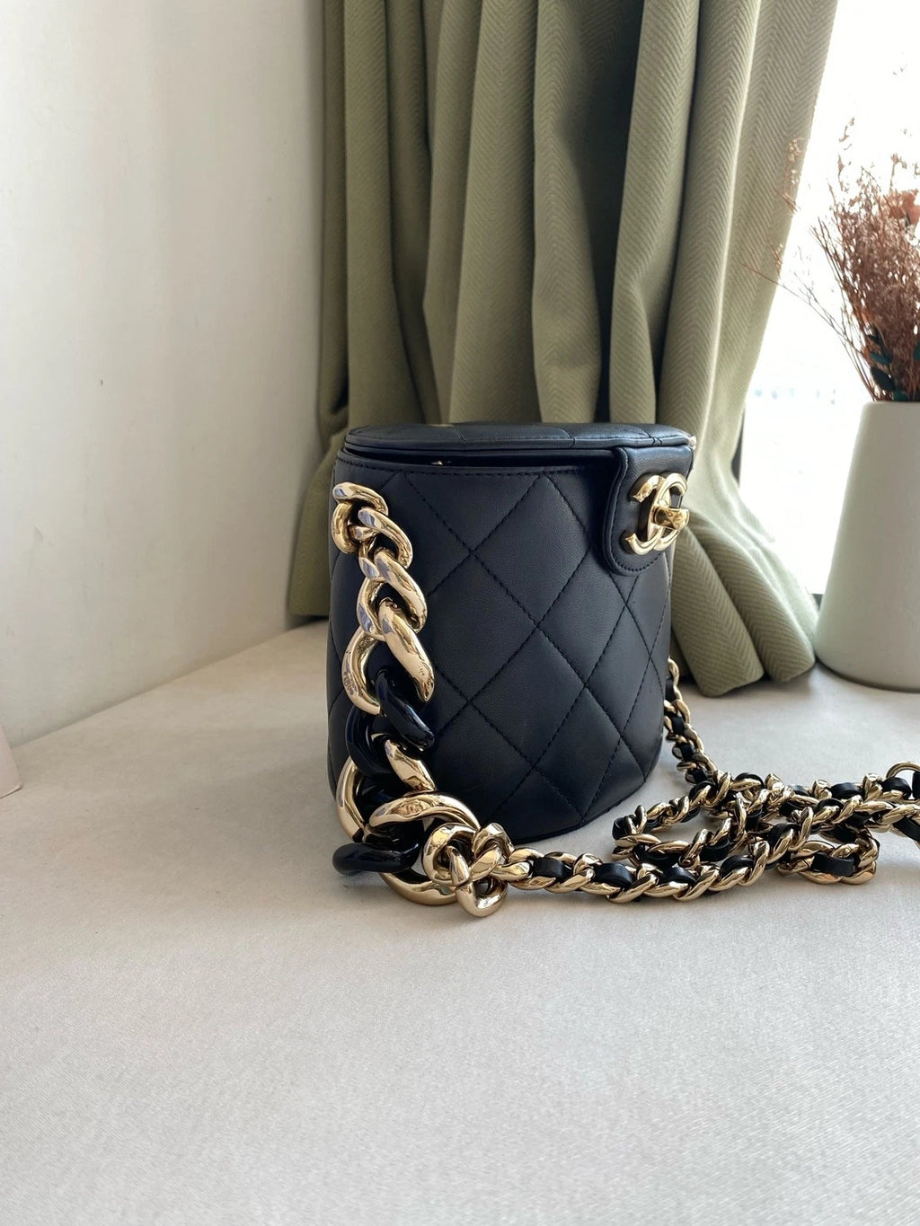 CHANEL Black Gold Vanity Case Mini Bucket Bag For Women