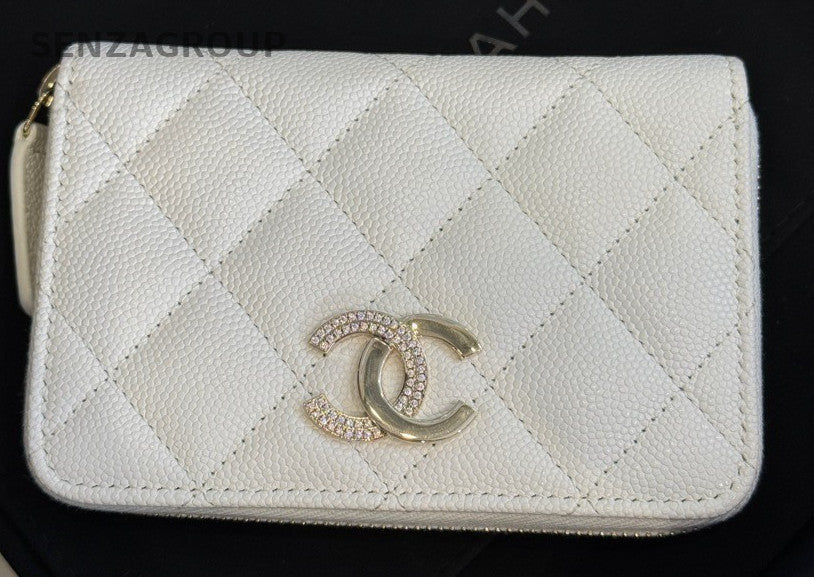 Chanel 25B Long Wallet White Gold Used Women Classic Diamond