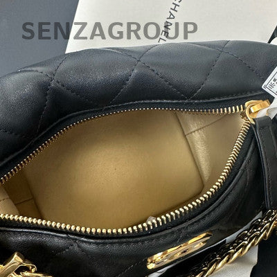Chanel Quilted Lambskin Black Gold Chain Hobo Shoulder Bag Classic