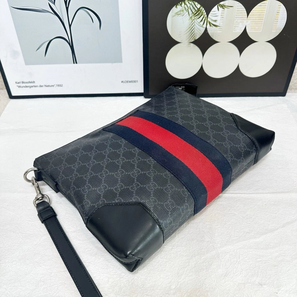Gucci Black Monogram Stripe Canvas Leather Clutch Bag For Women
