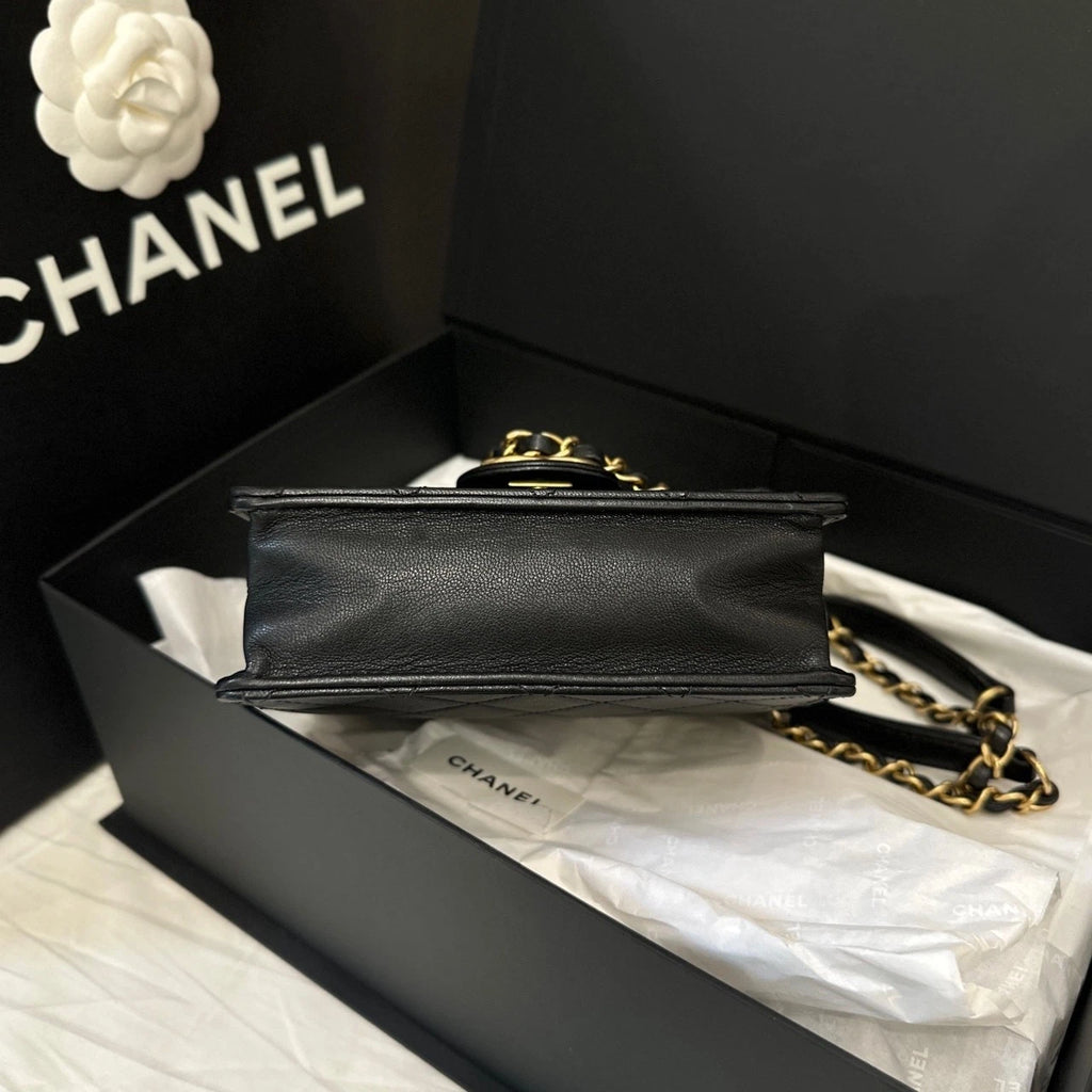 CHANEL Black Gold Lambskin Gold Buckle Pearl Crossbody Bag Women