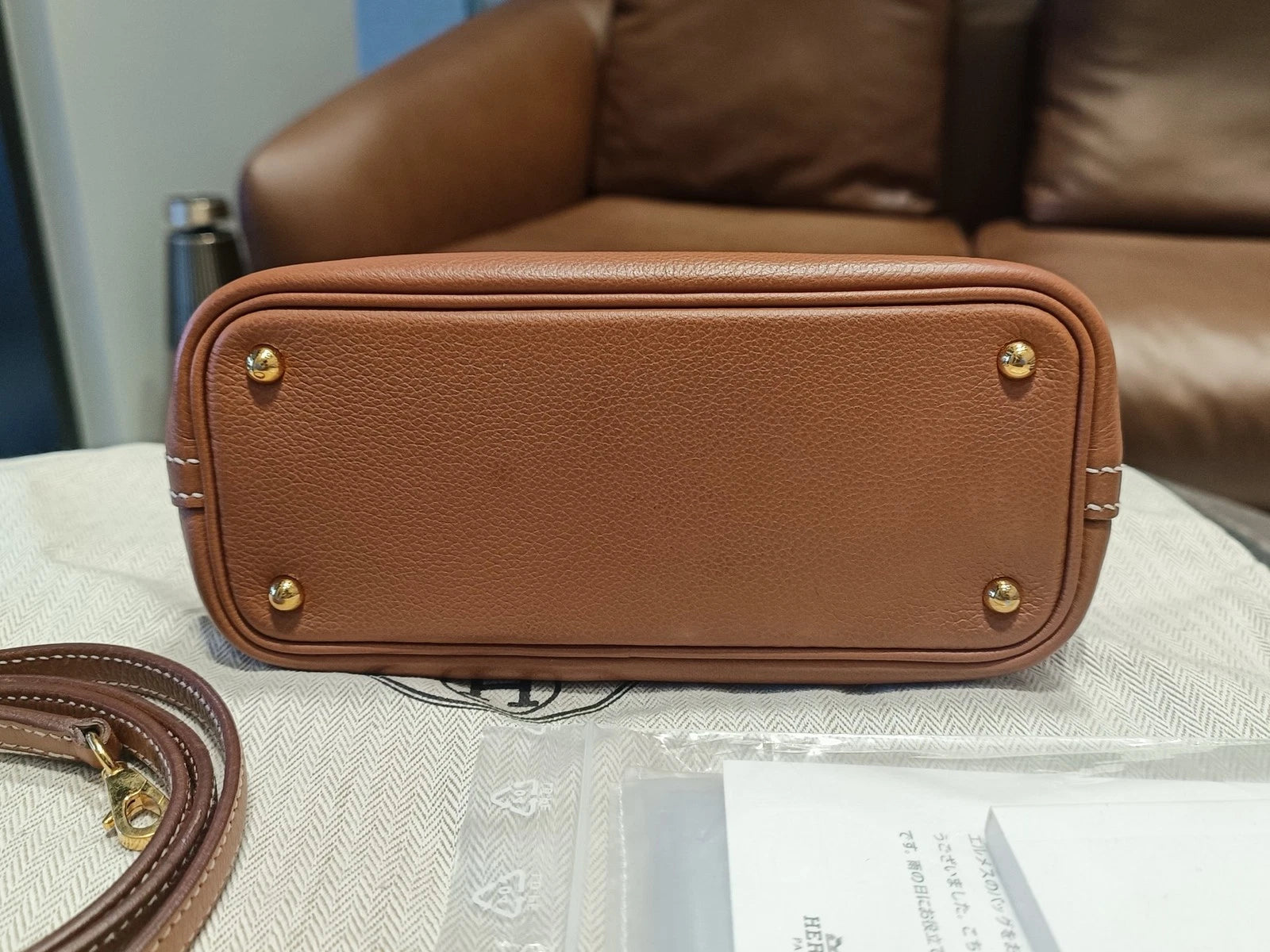Hermes Bolide Mini Evercolor Leather Top Handle Crossbody Brown Gold Women