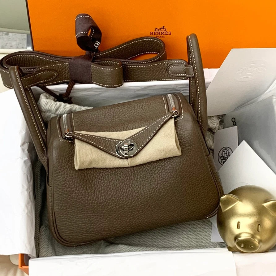 Hermes Lindy Mini Calfskin Top Handle Shoulder Crossbody Bag Gray Silver Women S