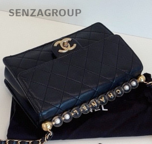 Chanel Classic Flap Pearl Chain Shoulder Bag Crossbody Black Gold Women Fashion