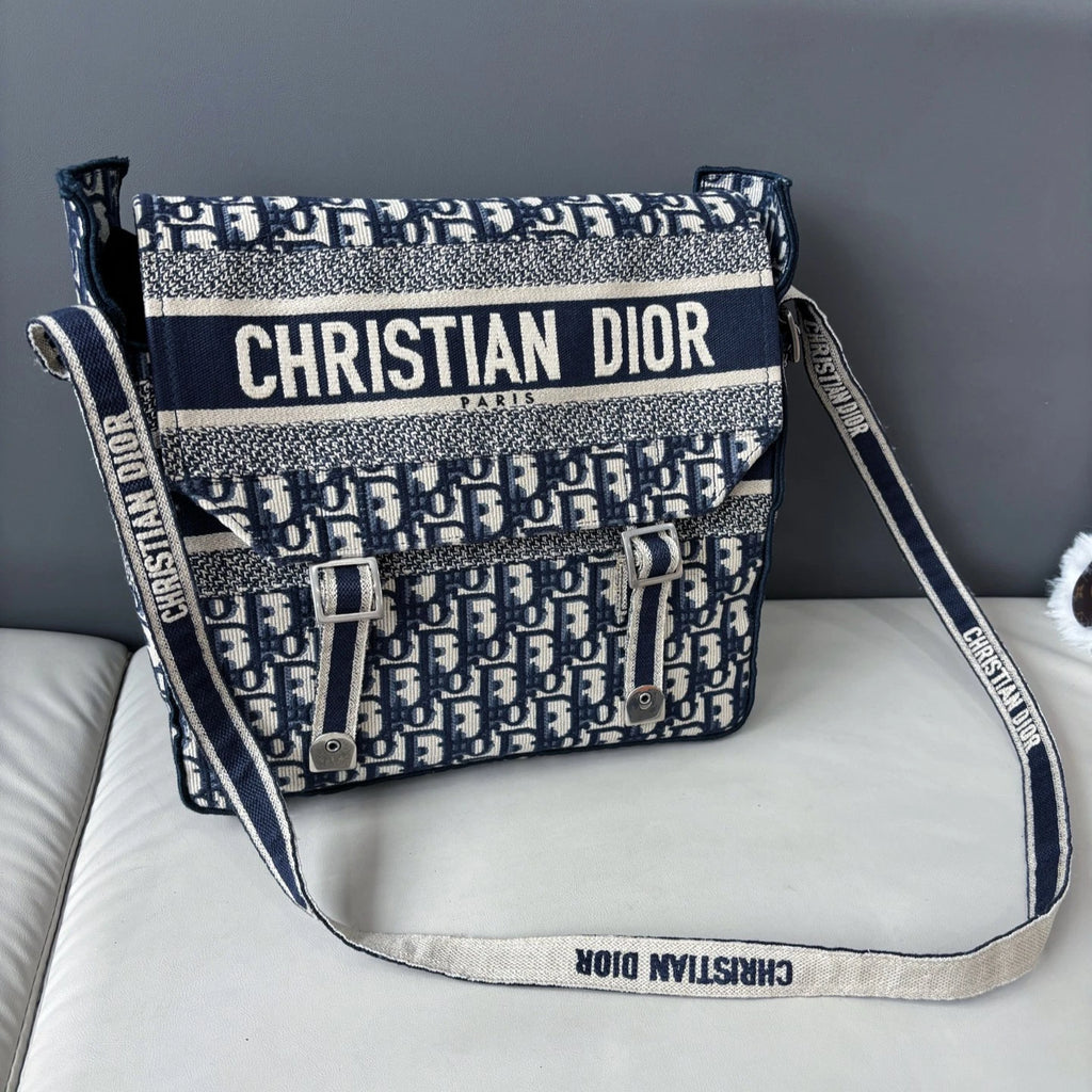 Excellent Christian Dior Camp Messenger Bag Blue Oblique Canvas Shoulder Bag