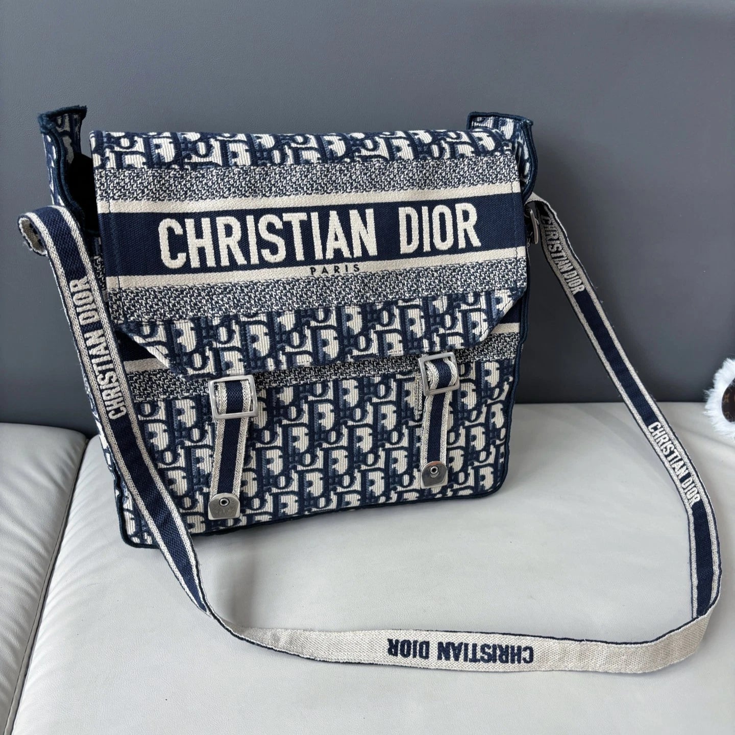 Excellent Christian Dior Camp Messenger Bag Blue Oblique Canvas Shoulder Bag