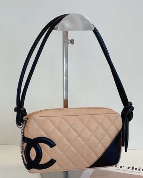 Chanel Cambon Line CC Logo Shoulder Bag Brown Silver Women Classic Diamond