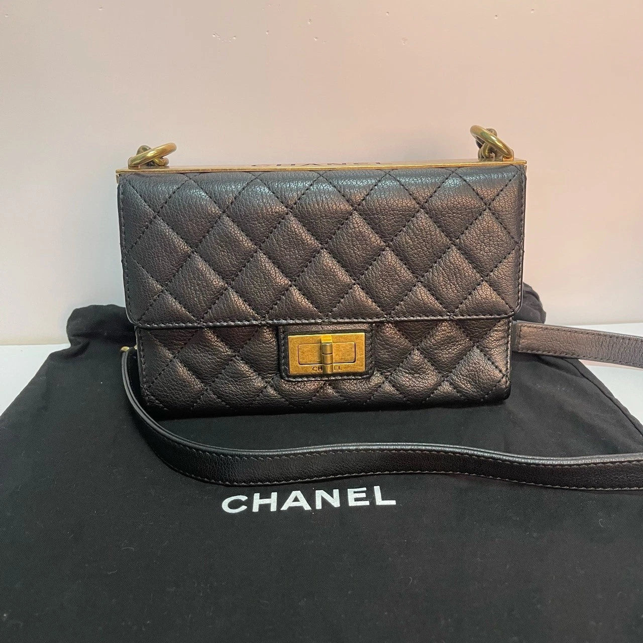 Authentic Chanel Vintage 2.55 Trendy Black Calfskin Shoulder Bag For Women