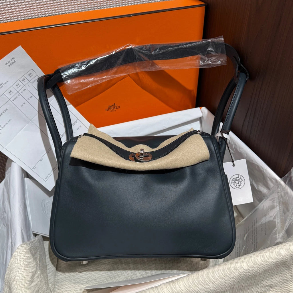 Hermes Lindy26 Top Handle Shoulder Bag Blue Silver Women Classic