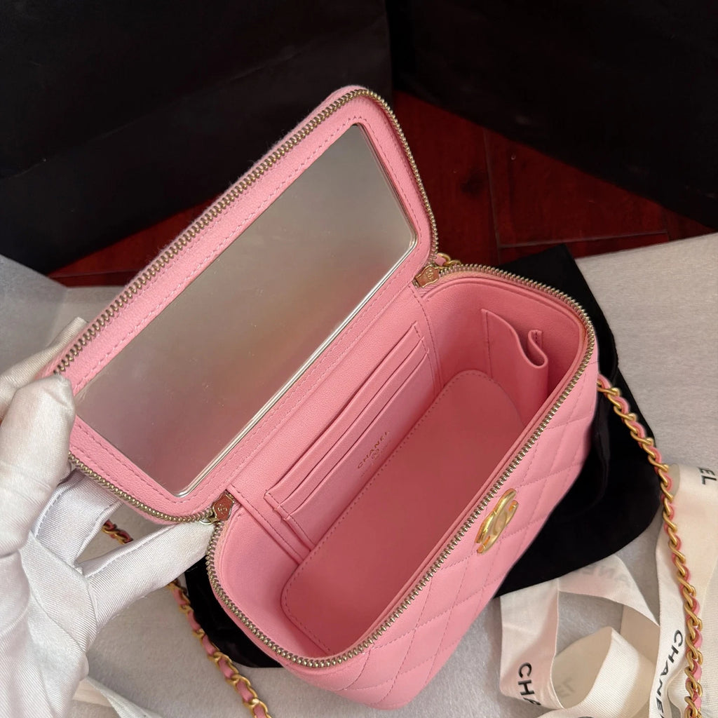 Chanel Vanity Case Diamond Chain Crossbody Top Handle Bag Pink Gold Women