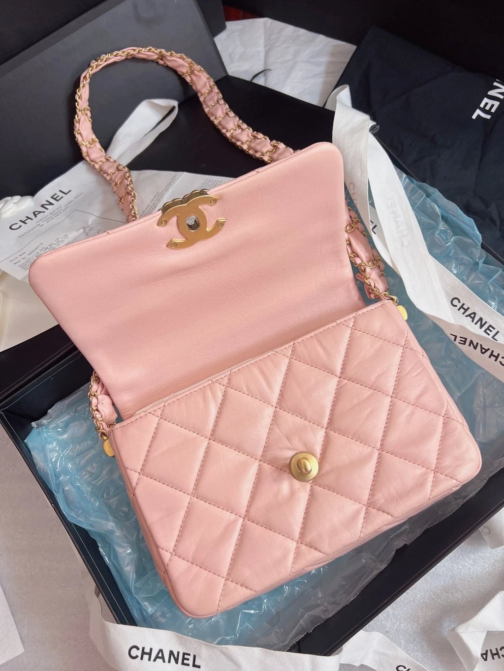 Chanel Diamond Calfskin Chain Shoulder Bag Pink Gold Used Women Classic