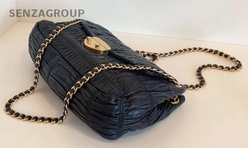 PRADA XXL Hobo Wrinkled patterns Chain Shoulder bag Black Gold Women
