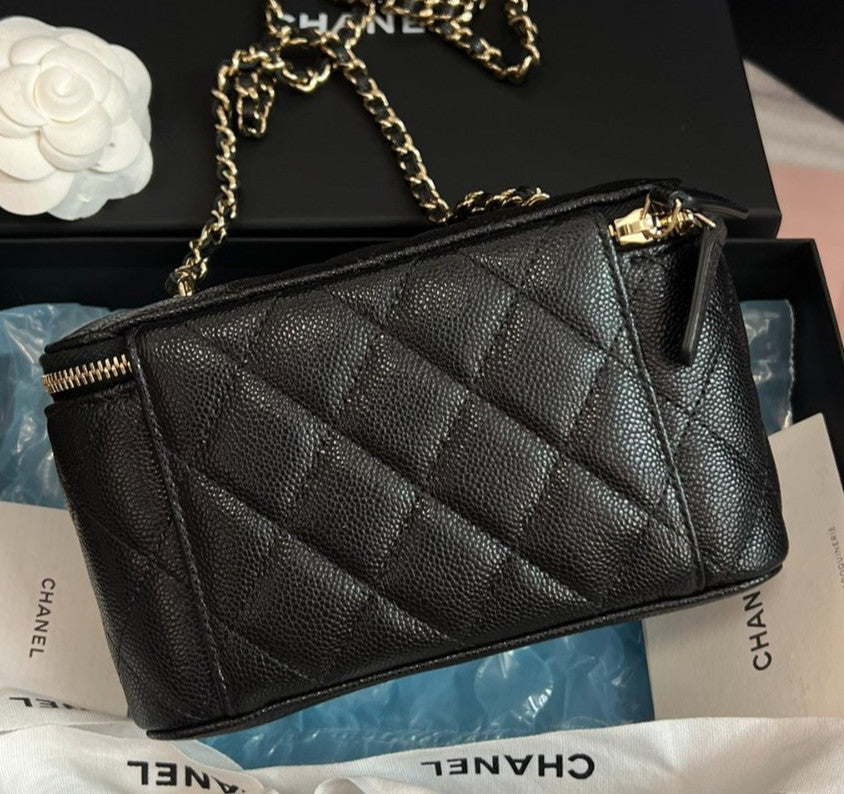 Chanel Vanity Case Chain Crossbody Black Gold Diamond Women Classic