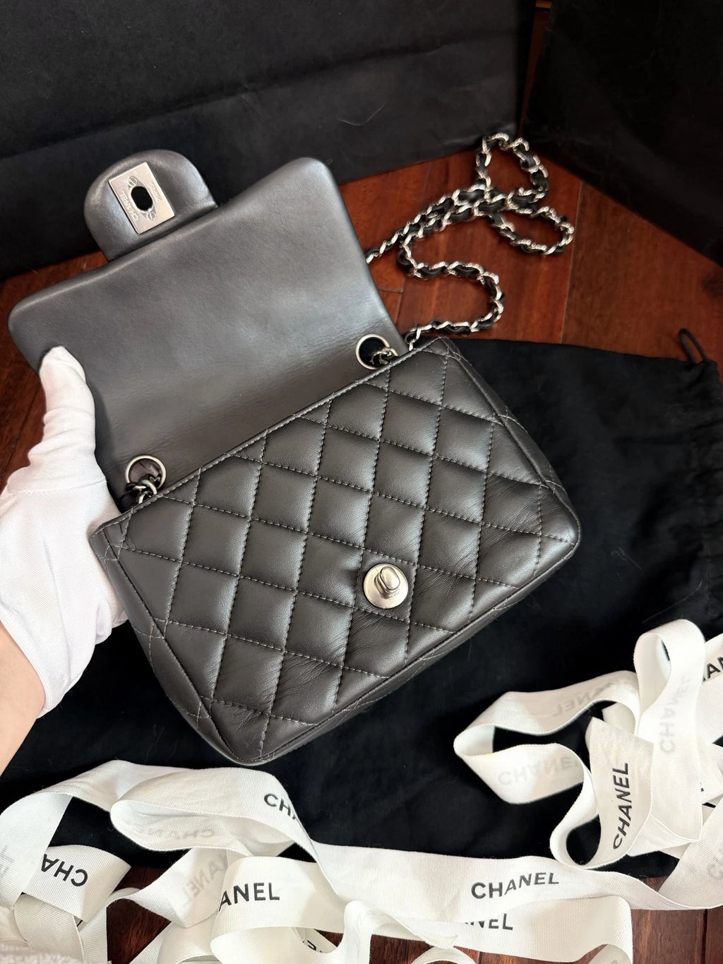 CHANEL Classic Flap Mini Square Crossbody Bag Women's Metallic Grey Quilted