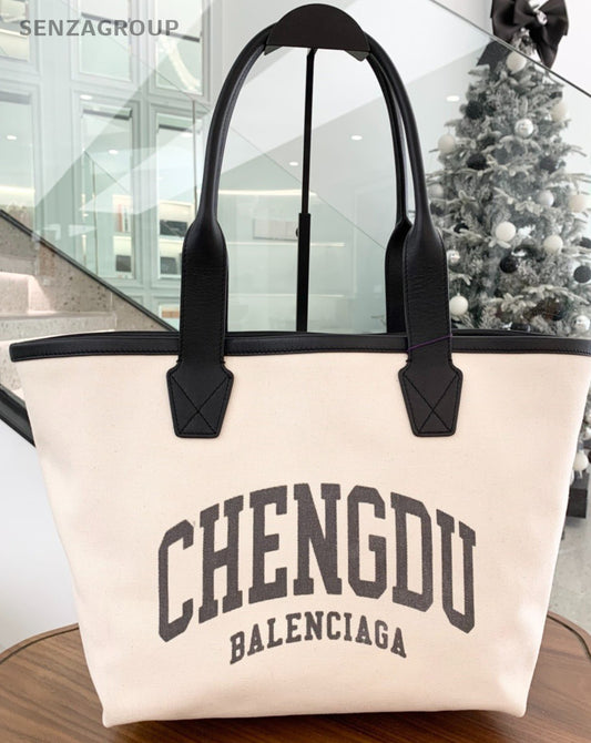 Balenciaga City Series CHENDU Canvas Leather Top Handle Shoulder Bag Women White