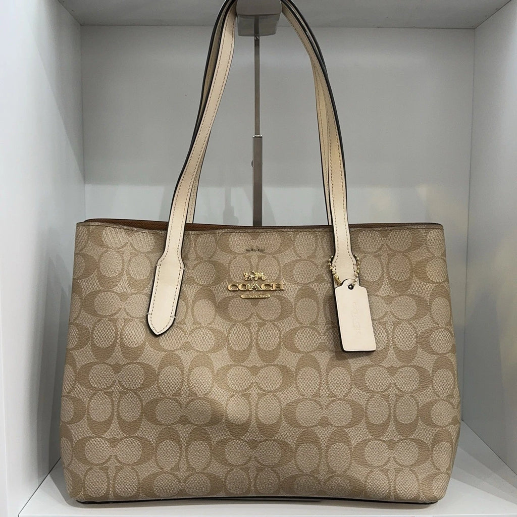 Coach Beige Canvas Monogram Tote Handbag For Women Missing Strap