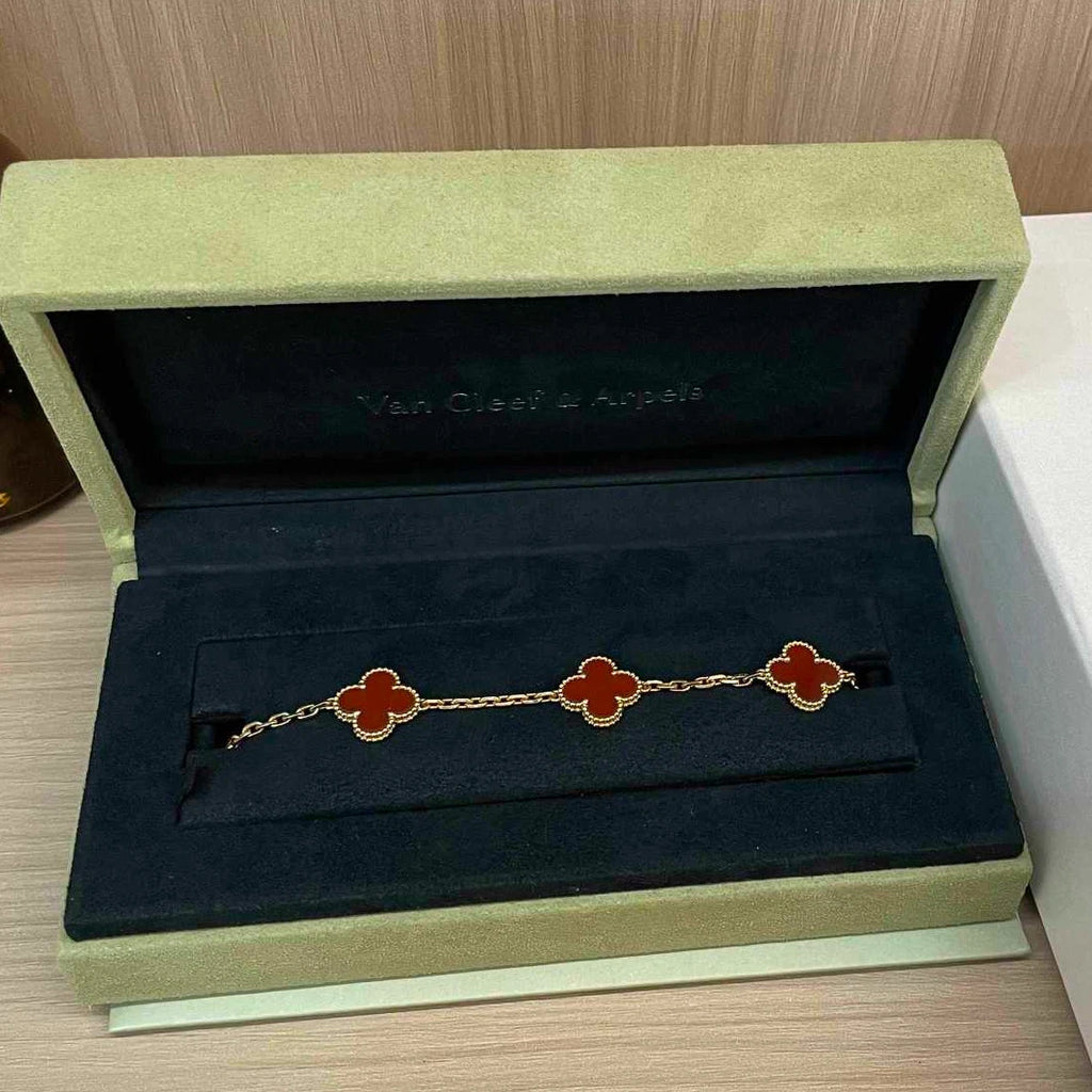 VCA Van Cleef &amp; Arpels Vintage Alhambra Carnelian 5 Motifs Clover Bracelet 18kYG