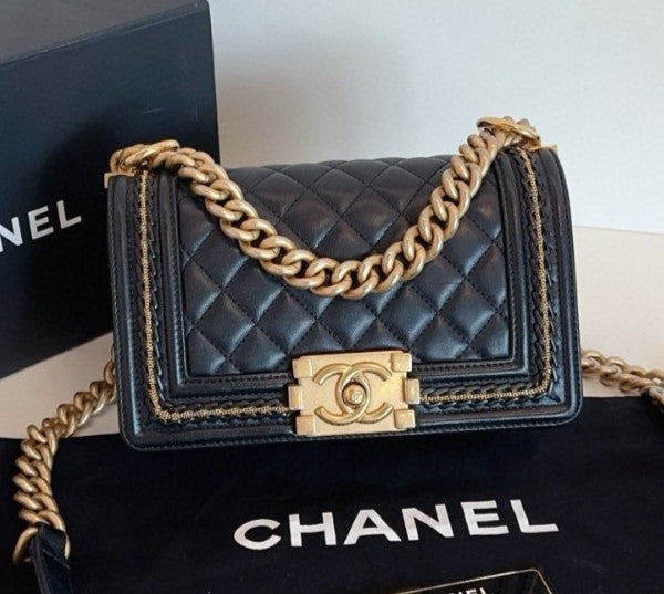 Chanel Leboy PM Chain Shoulder Bag Crossbody Black Gold Women Classic Fashion