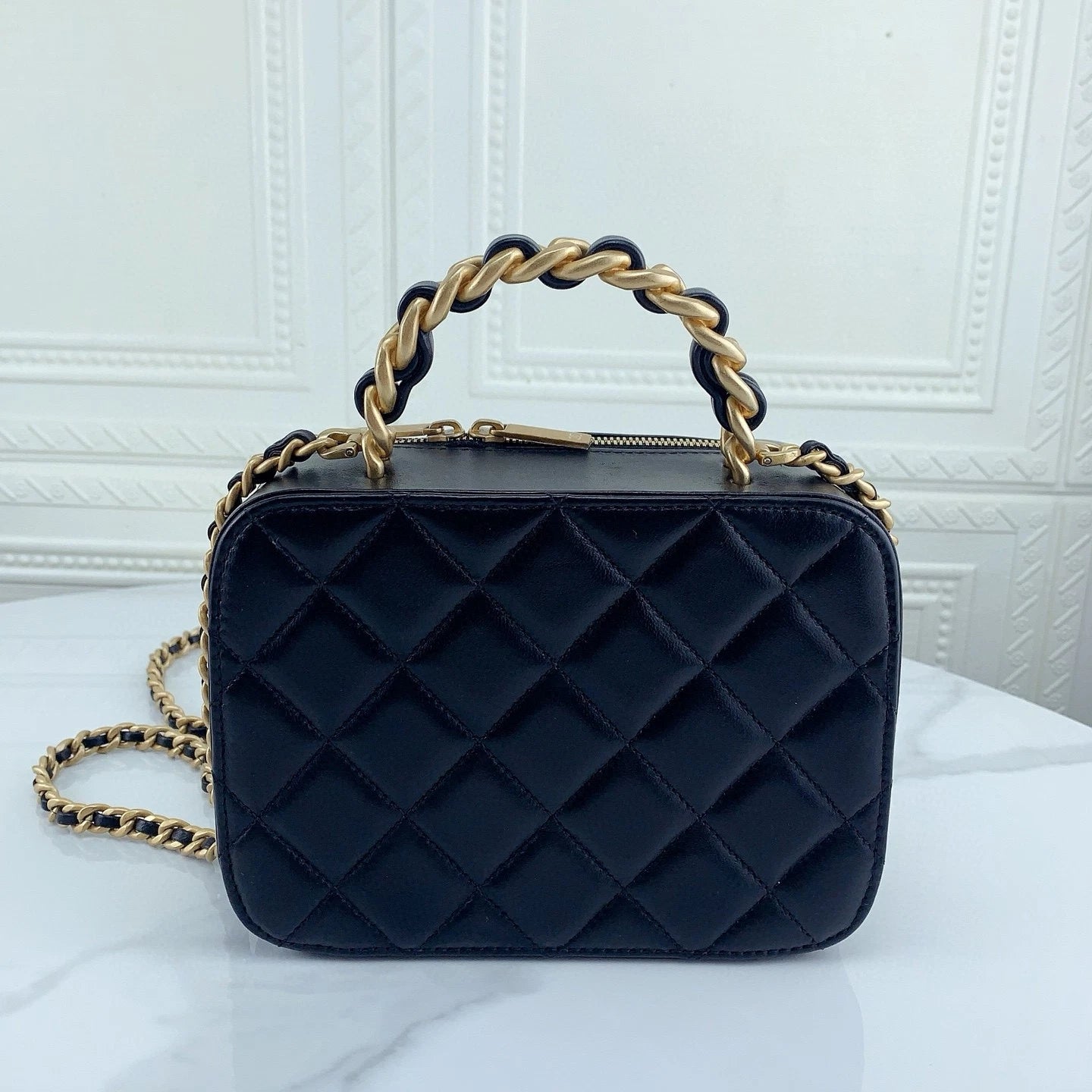CHANEL Black Gold Lambskin Crossbody Handbag Vanity Bag For Women
