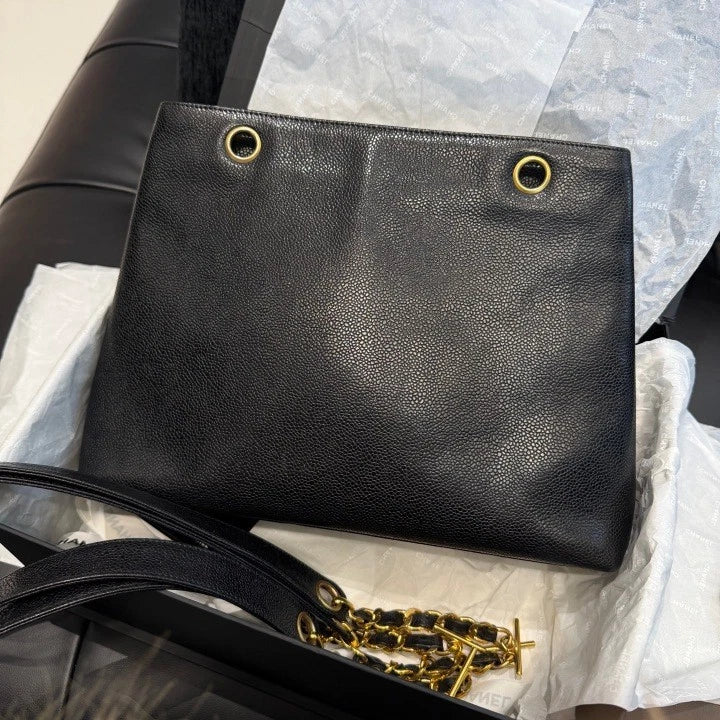 Chanel Calfskin Chain Shoulder Bag Black Gold Used Women Classic D