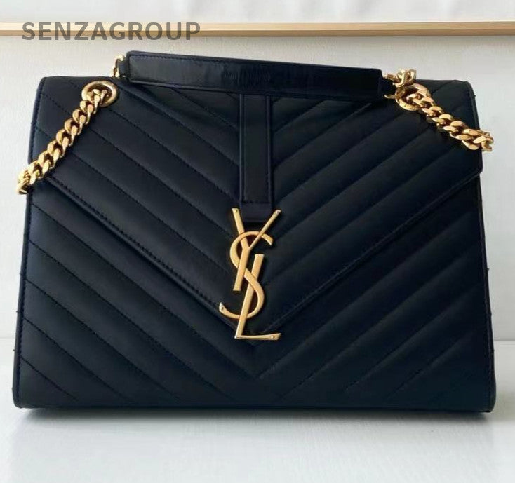 Saint Laurent Envelope Chain Logo Shoulder Bag Black Gold Used Women Classic