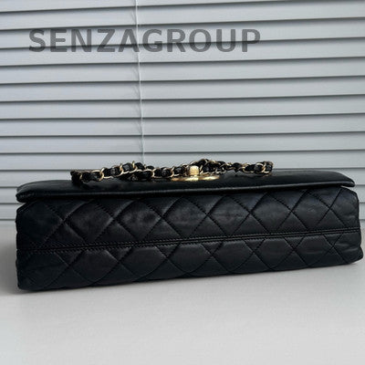 Chanel Black Gold Quilted Accordion Chain Shoulder Bag Classic Women