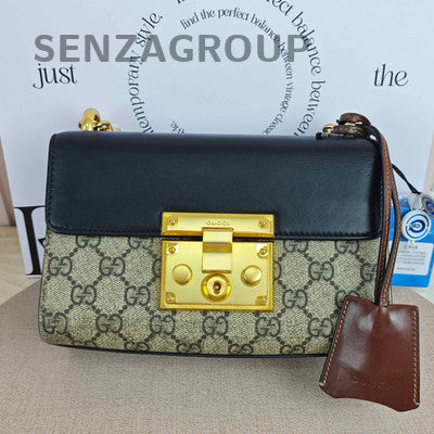 Gucci GG Marmont Padlock Small Shoulder Bag Black Brown Gold Chain