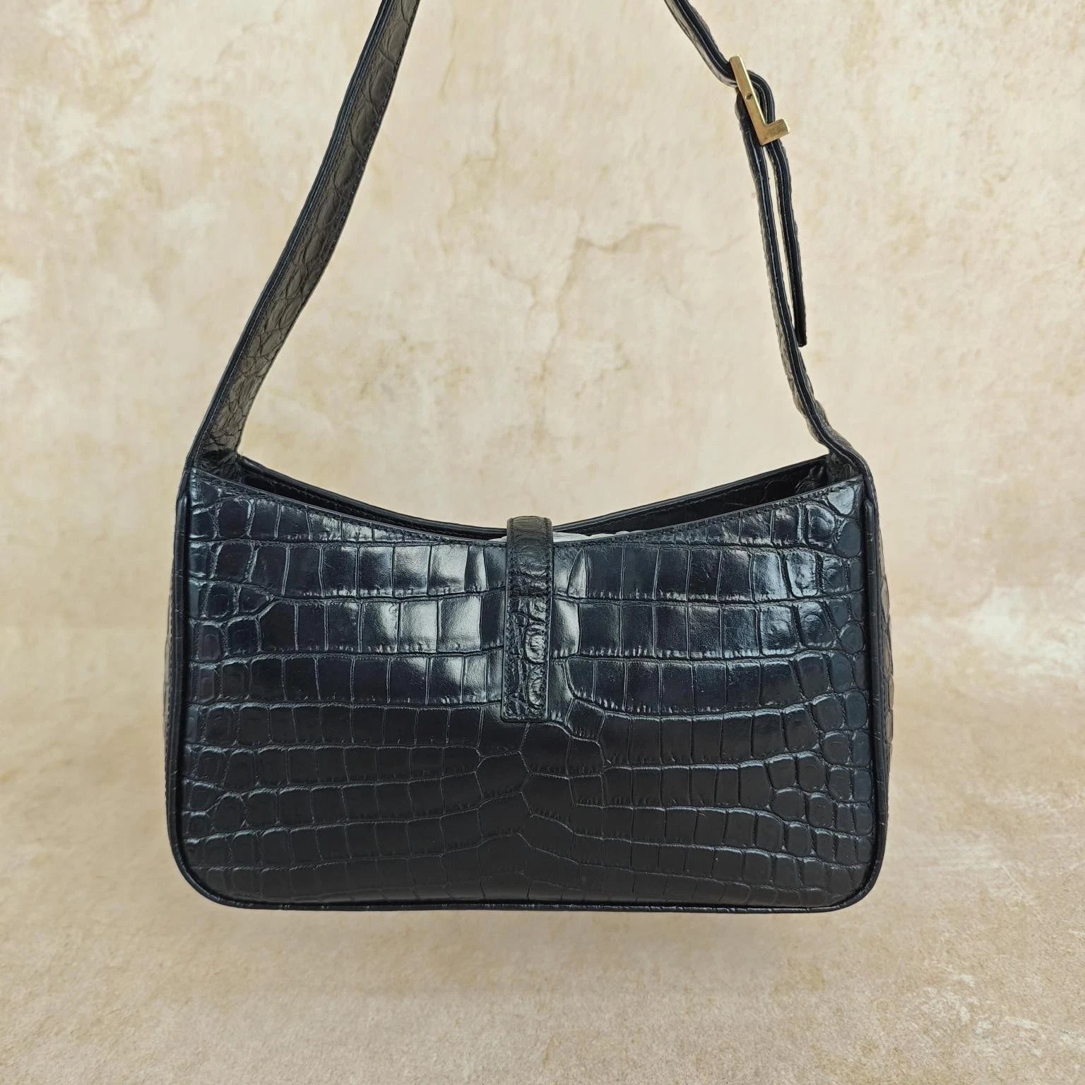 YSL Crocodile Embossed Black Gold Hobo Shoulder Bag For Women