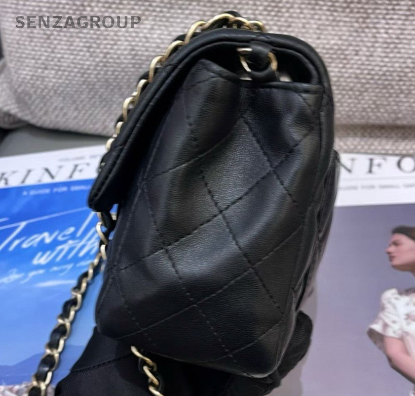 Chanel Classic Flap Lambskin Chain Shoulder Bag Crossbody Black Gold Women