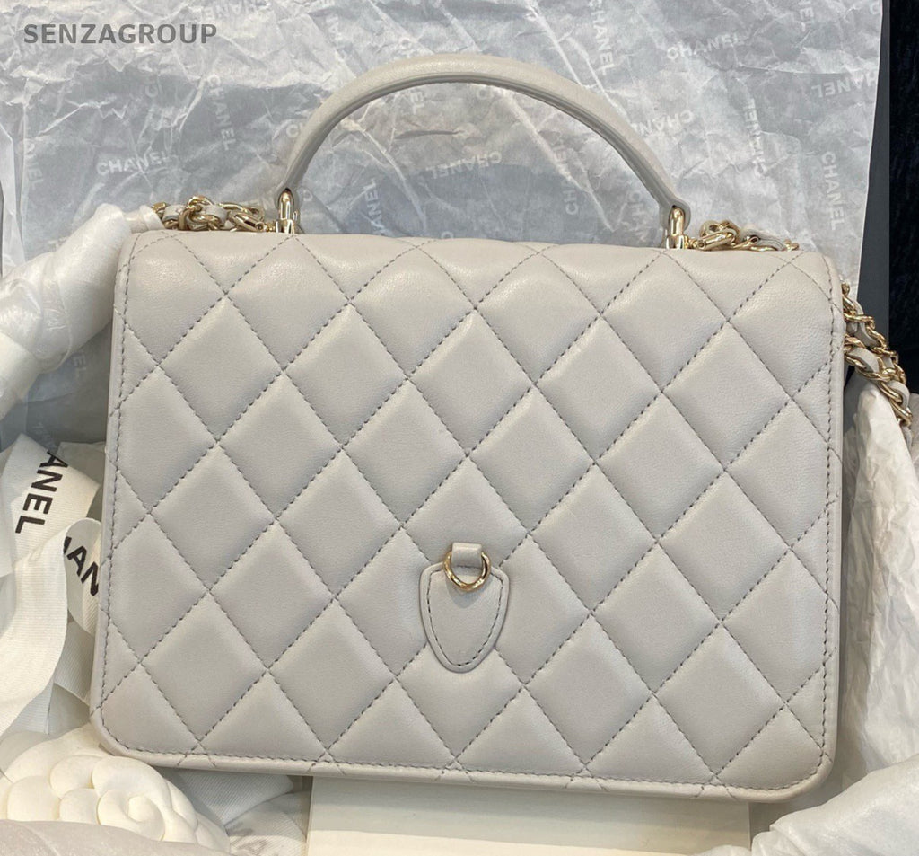 Chanel Diamond Lambskin Chain Crossbody Top Handle Bag Gray Gold Women Classic