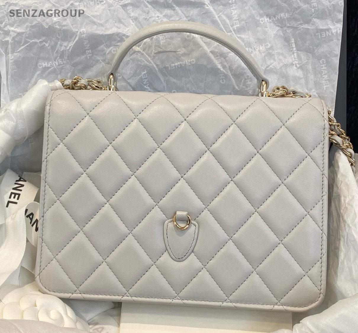 Chanel Diamond Lambskin Chain Crossbody Top Handle Bag Gray Gold Women Classic