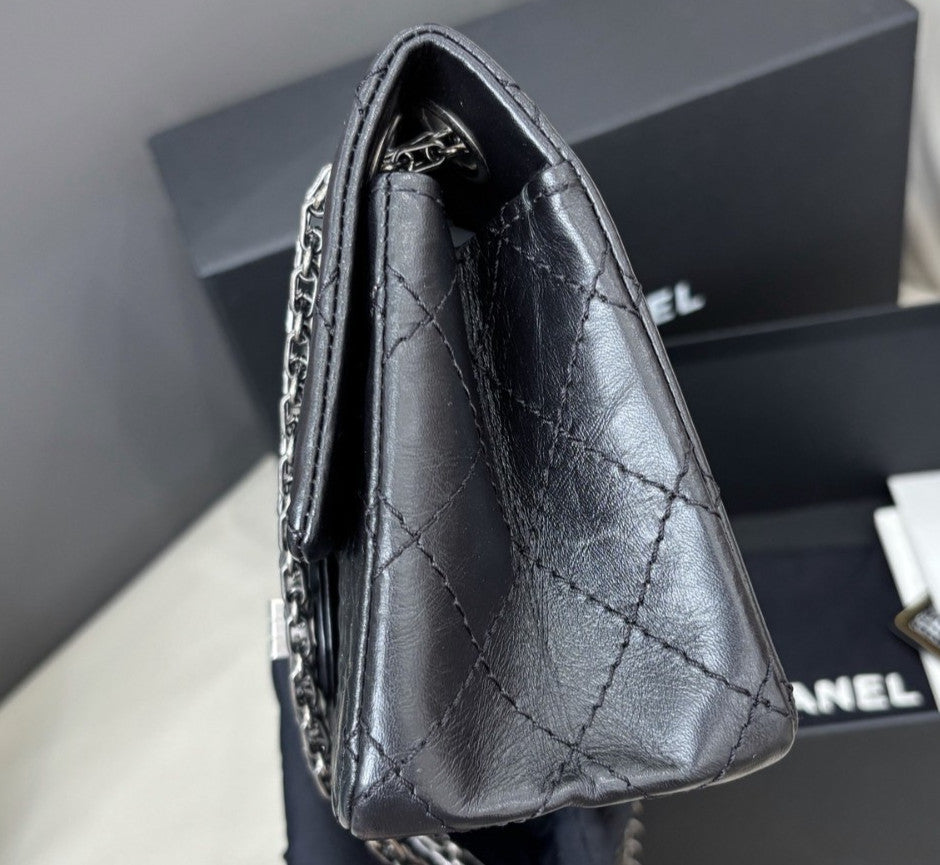 Chanel 2.55 Mini Chain Shoulder Bag Crossbody Black Silver Diamond Women Classic