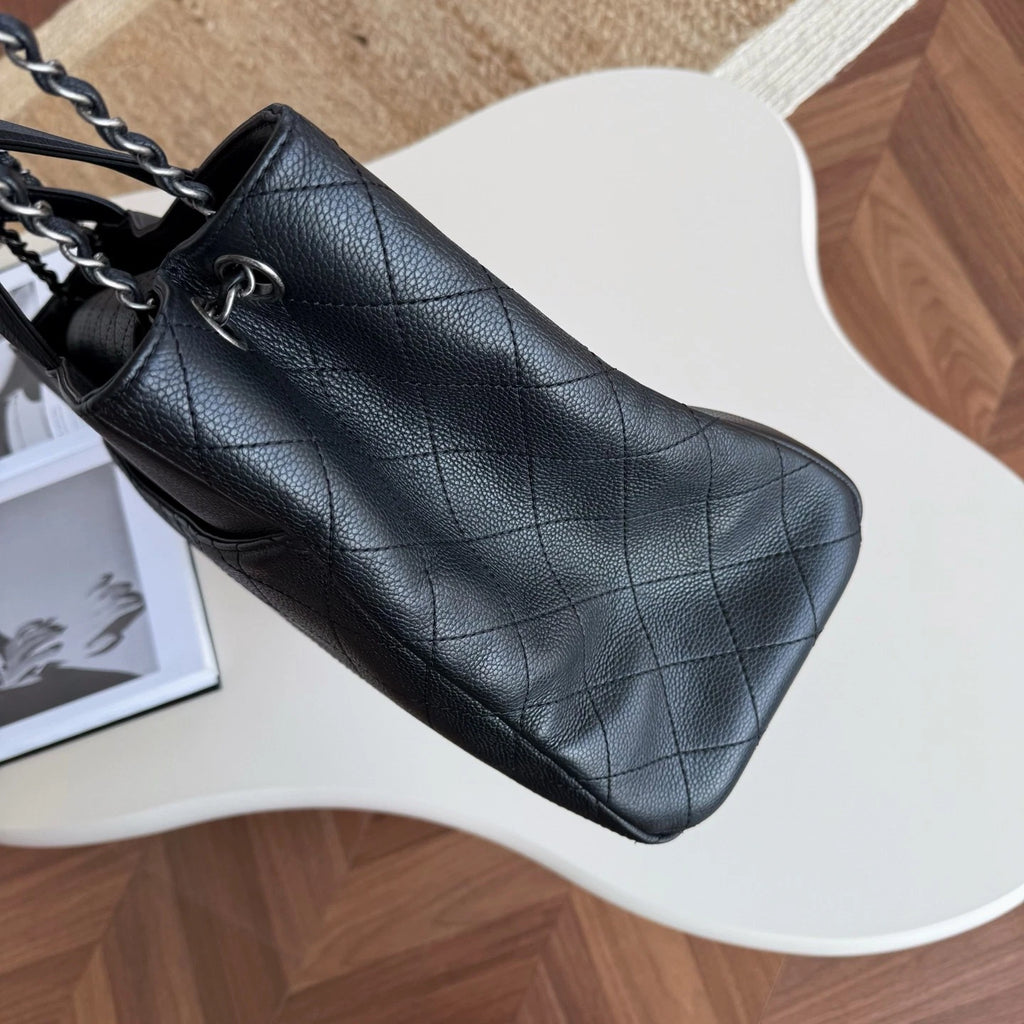 Chanel Diamond Tote Chain Top Handle Shoulder Bag Black Silver Women Classic