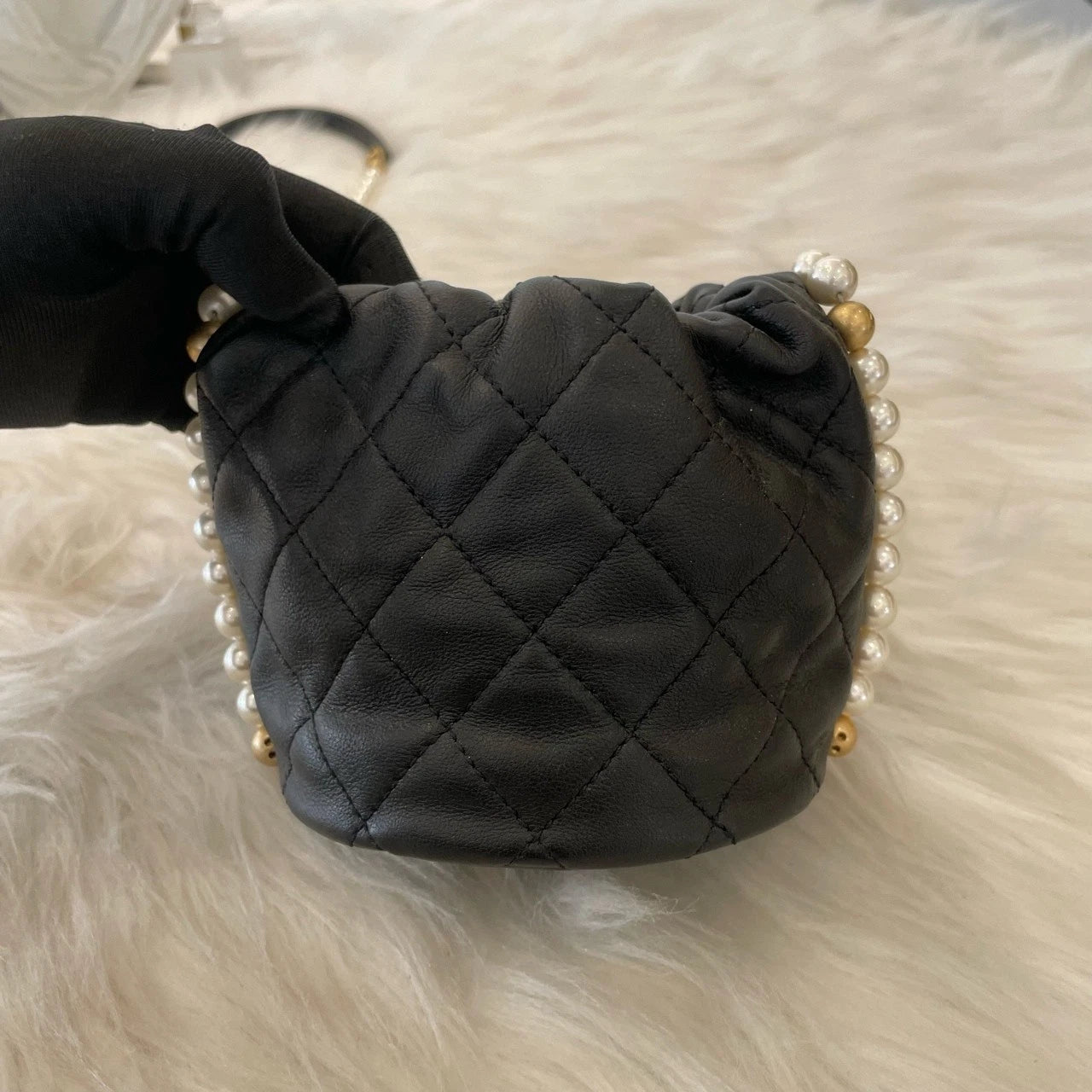 Chanel Mini Pearl Bucket Chain Crossbody Bag Black Gold Classic Women