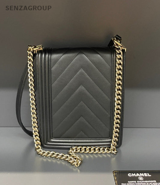 CHANEL Leboy V-shaped pattern Chain Shoulder bag Black Gold Women Classic
