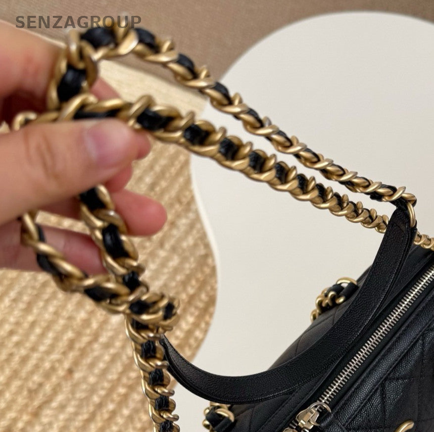 Chanel Calfskin PM Chain Top Handle Bag Shoulder Bag Black Gold Diamond Women